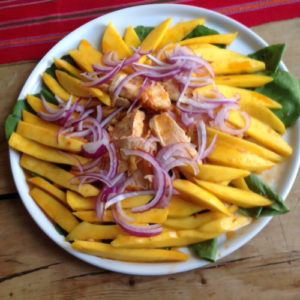 Chicken and sliced red onions top mangoes on a plate.