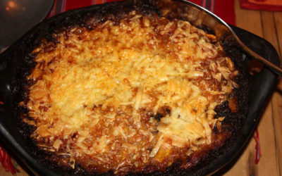 Plantain “Lasagna” with Refried Black Beans and Mole